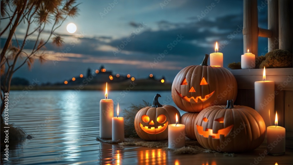 Fototapeta premium Carved pumpkins with candles glowing on a serene waterfront during Halloween night