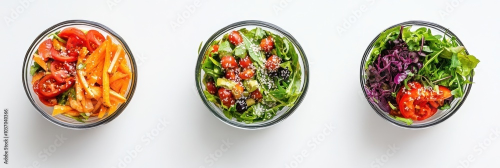 Three colorful fresh salad bowls with vegetables and seeds on white background Three colorful fresh salad bowls with vegetables and seeds on white background
