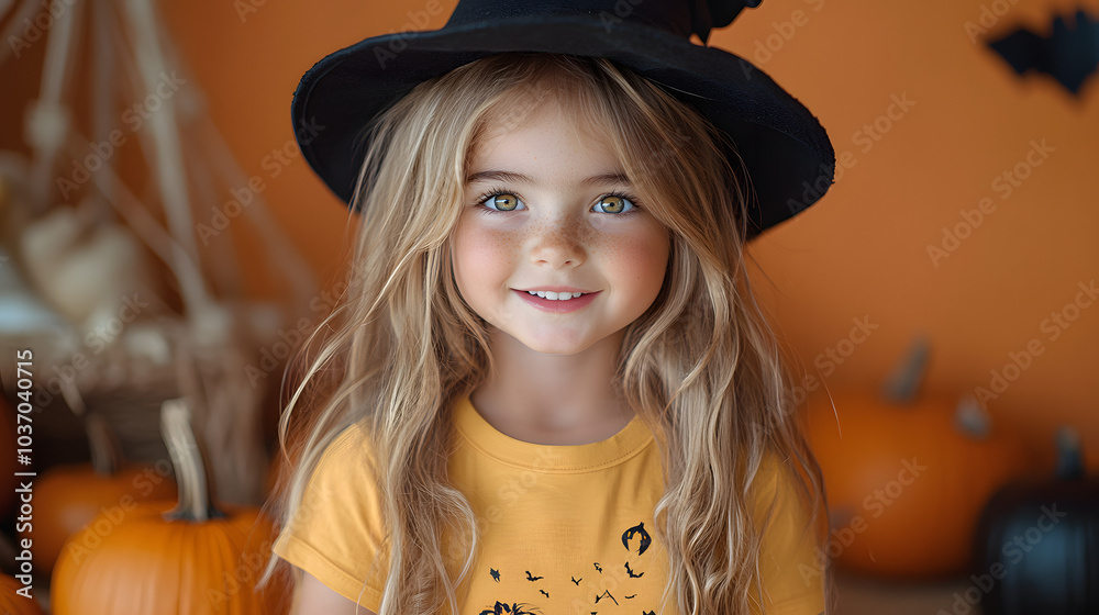 A Little Girl Wearing a Witch’s Hat Is Smiling, Sitting on a Pumpkin Outdoors, Embracing the Joyful Spirit of Halloween with Childlike Wonder and Playfulness, Capturing the Delight of the Holiday Seas A Little Girl Wearing a Witch’s Hat Is Smiling, Sitting on a Pumpkin Outdoors, Embracing the Joyful Spirit of Halloween with Childlike Wonder and Playfulness, Capturing the Delight of the Holiday Seas