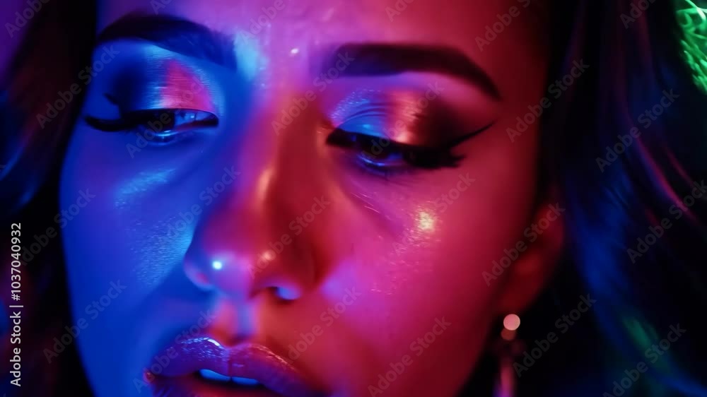 Vibrant neon portrait with creative lighting on woman's face Vibrant neon portrait with creative lighting on woman's face