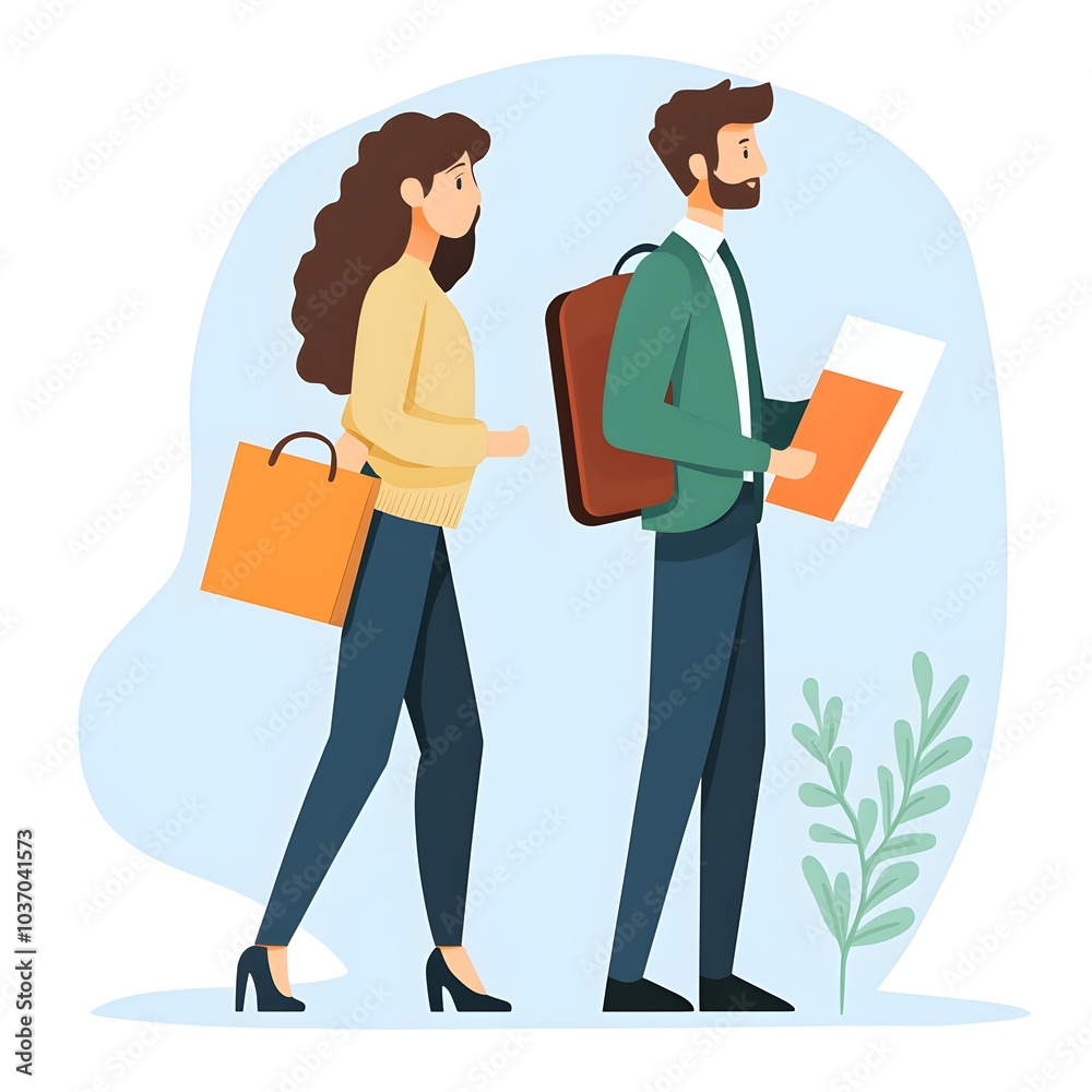 Business People Walking Man and Woman Holding Bags Office Workers Flat Illustration Business People Walking Man and Woman Holding Bags Office Workers Flat Illustration