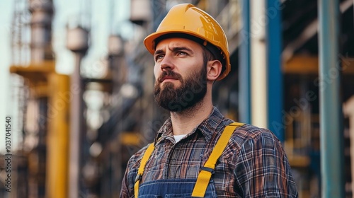 Industrial worker in overalls, hard hat, focused