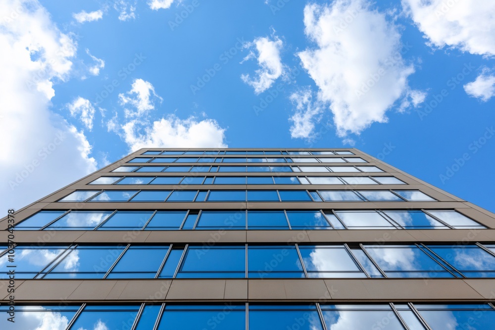 A modern building reflecting clouds under a clear blue sky.