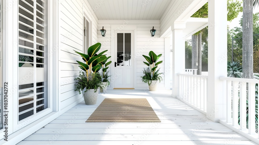 Tranquil Front Porch of New Home with Potted Plants and Welcome Mat Inviting Warmth and Serenity Tranquil Front Porch of New Home with Potted Plants and Welcome Mat Inviting Warmth and Serenity