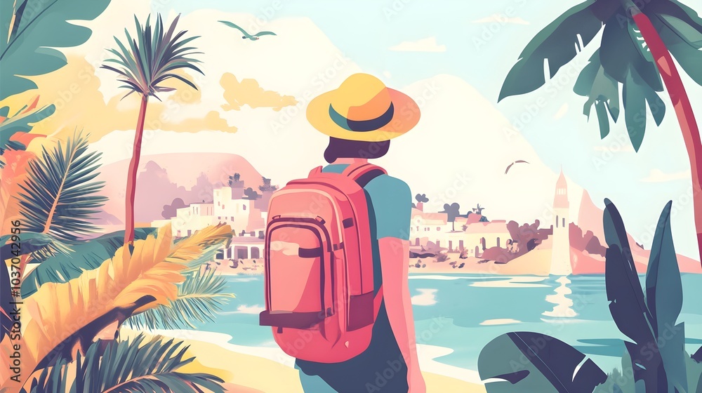 Backpacking Adventure Woman with Backpack on Tropical Beach Backpacking Adventure Woman with Backpack on Tropical Beach