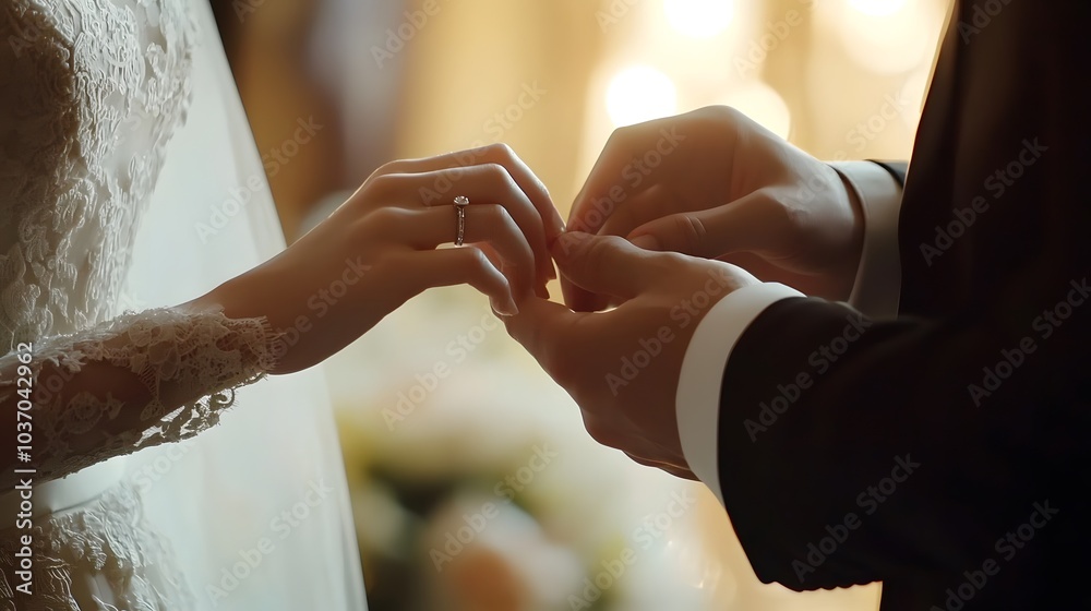 Obraz premium Groom Placing Ring on Bride's Hand in Romantic Moment