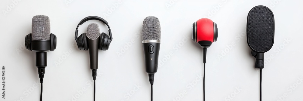 Naklejka premium Various stylish microphones and headphones aligned on a white background