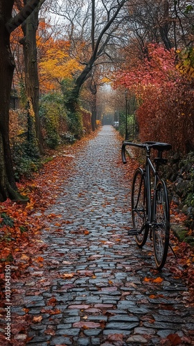 Cobblestone Path with Fall Foliage and a Bicycle - Photo