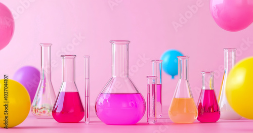 Pink background with lab equipment and test tubes on the table, creating a creative atmosphere for children's party decor.