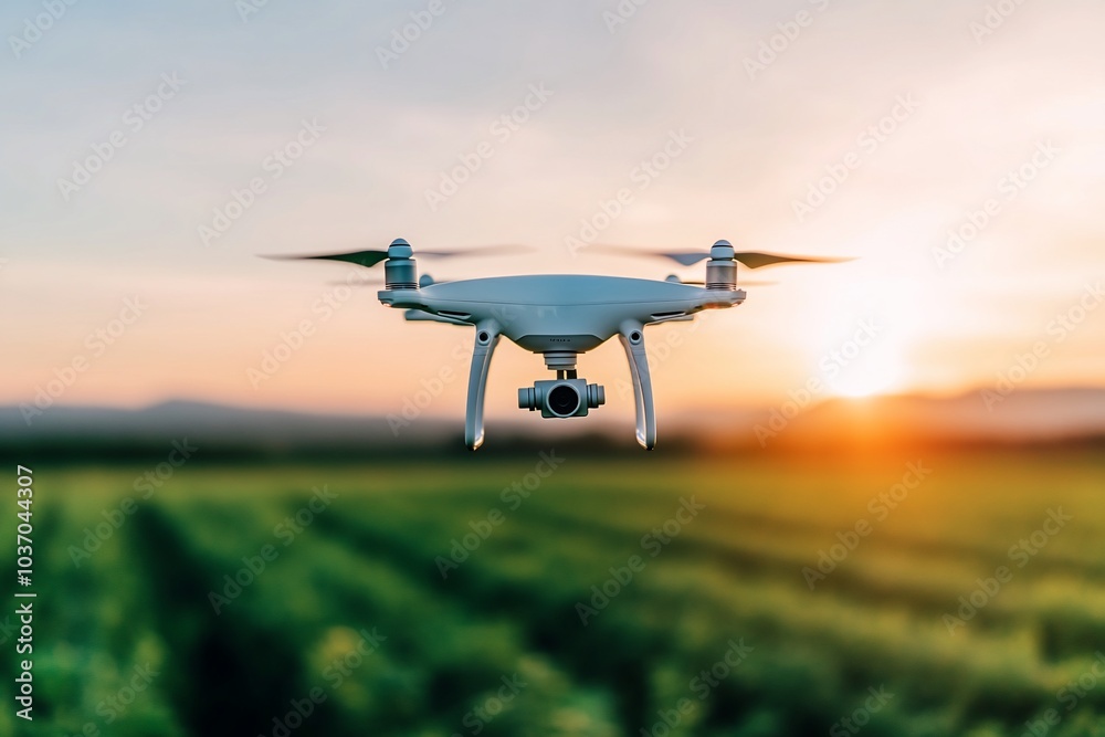 A drone hovering over a field during sunset, capturing aerial views. A drone hovering over a field during sunset, capturing aerial views.