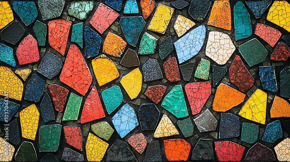 Colorful Mosaic Design: Vibrant Irregular Shapes in Balanced Chaos Colorful Mosaic Design: Vibrant Irregular Shapes in Balanced Chaos