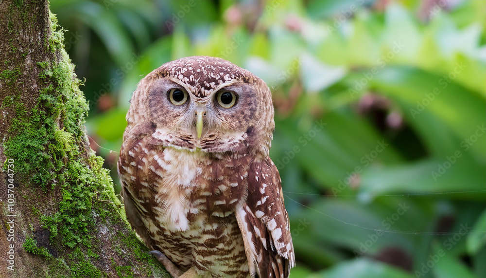 A Wise Owl Perched on Tree in a Lush Garden and Copy Space