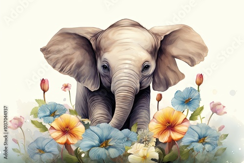 This delightful illustration features a baby elephant playfully nestled among blooming flowers capturing the essence of youth and the joy of nature