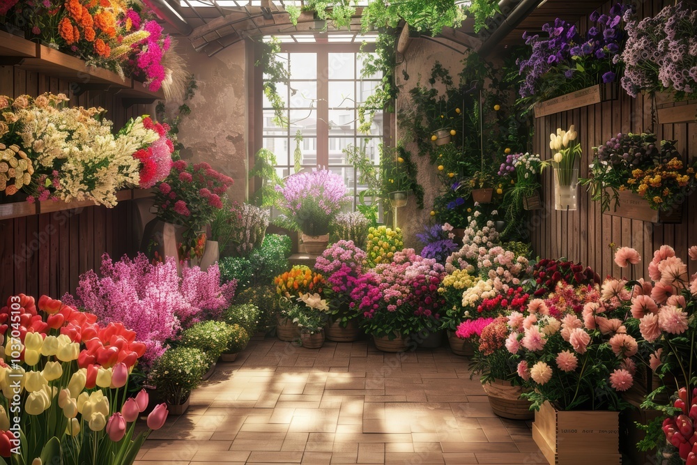 Fototapeta premium Fresh flower bouquet on a wooden table in a bright, sunlit flower shop