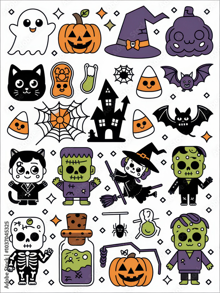 Fototapeta premium A colorful collage of Halloween-themed stickers featuring ghosts, pumpkins, witches, bats, and playful monsters.