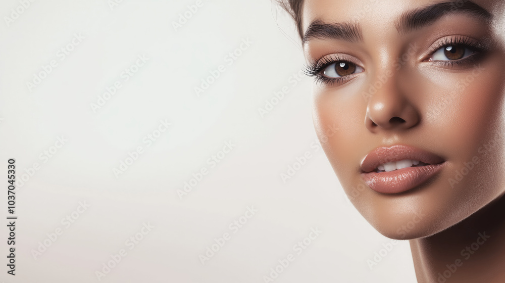 A close-up portrait with a serene expression, focusing on the natural beauty of the face, complemented by a clean background that allows for ample copy space. A close-up portrait with a serene expression, focusing on the natural beauty of the face, complemented by a clean background that allows for ample copy space.