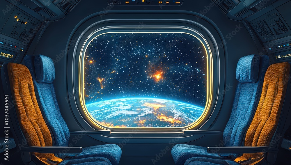 Two blue chairs on the plane, window view of the Earth's globe outside, yellow seats in a train carriage Two blue chairs on the plane, window view of the Earth's globe outside, yellow seats in a train carriage