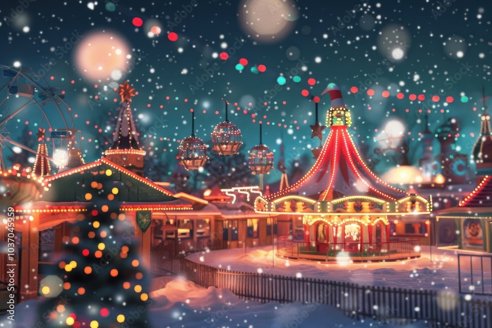 Festive abstract background with a cute Christmas amusement park, bokeh lights. Festive abstract background with a cute Christmas amusement park, bokeh lights.