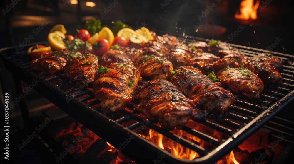 custom made wallpaper toronto digitalFreshly grilled chicken kebabs with veggies and herbs, ready to serve.