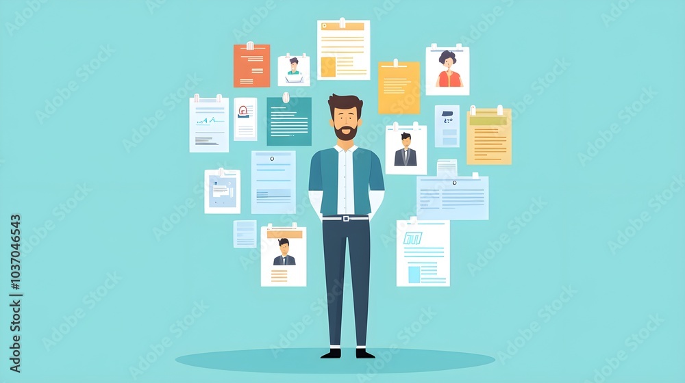 Man Surrounded by Resumes Job Application Concept Man Surrounded by Resumes Job Application Concept