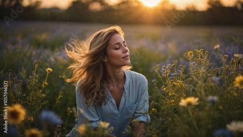 Serenity and quiet joy, young woman enjoying summer day in field with blue wild flowers