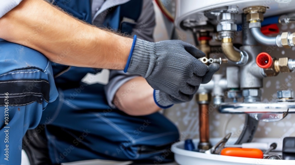 Skilled Plumber Soldering Copper Pipes on Hot-Water Heater with Organized Tools Nearby Skilled Plumber Soldering Copper Pipes on Hot-Water Heater with Organized Tools Nearby