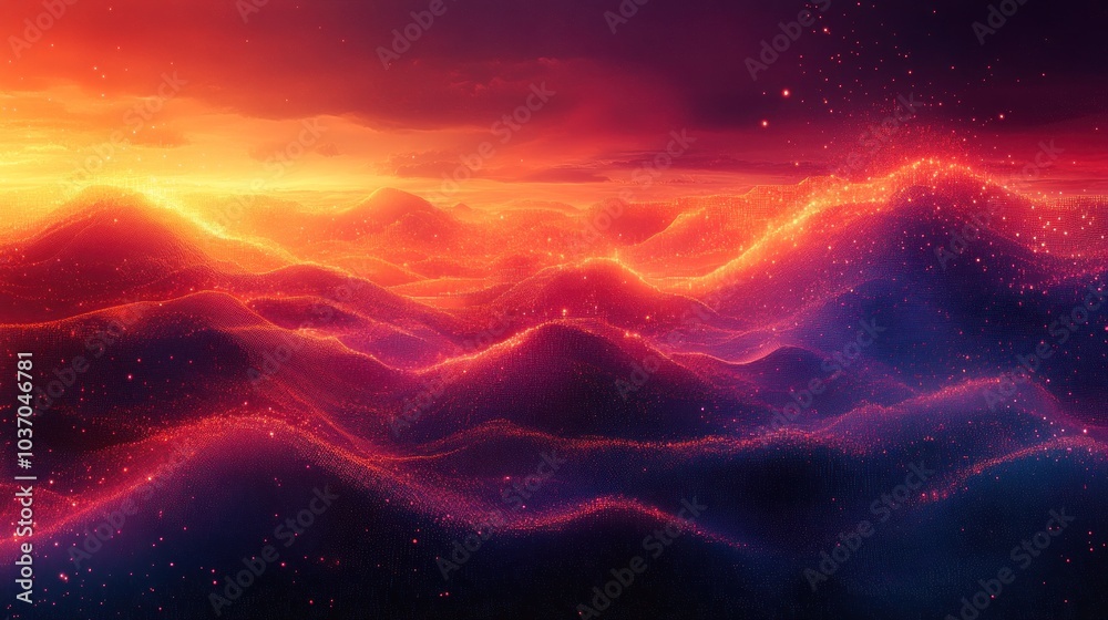 Fototapeta premium A vibrant, abstract landscape with glowing waves and a sunset atmosphere.