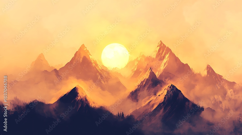 Majestic mountain peaks covered in a golden mist with a glowing sun behind Majestic mountain peaks covered in a golden mist with a glowing sun behind