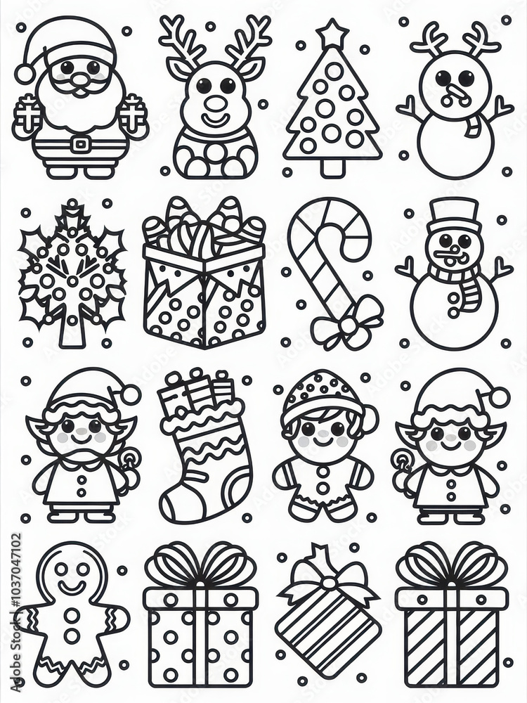 A festive coloring page featuring Santa, reindeer, snowmen, Christmas trees, gifts, and gingerbread, perfect for holiday fun and creativity. A festive coloring page featuring Santa, reindeer, snowmen, Christmas trees, gifts, and gingerbread, perfect for holiday fun and creativity.
