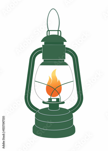 Camping portable lantern with flame. Retro vintage light holder. Hiking oil, kerosene lamp. Touristic mobile burning fire. Flat vector illustration isolated on white background

