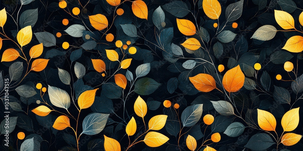 Craft an elegant pattern with organic shapes and a color palette of dark gray, mustard yellow, and white. 