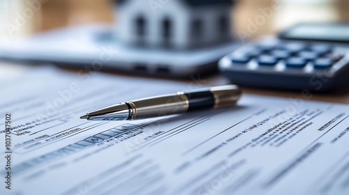 Closeup of a financial document with signatures and details of a real estate deal with a pen calculator and a laptop showing property data on the desk