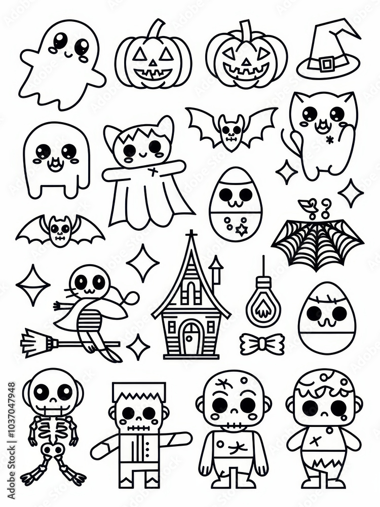 Fototapeta premium A whimsical Halloween-themed illustration featuring cute ghosts, pumpkins, bats, skeletons, and other spooky characters in a playful, cartoon style.