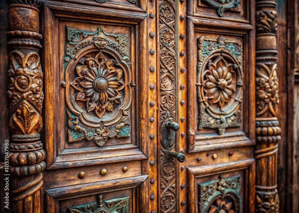 Ancient Wooden Door Detail - Close-up of Intricate Carvings and Textures Ancient Wooden Door Detail - Close-up of Intricate Carvings and Textures
