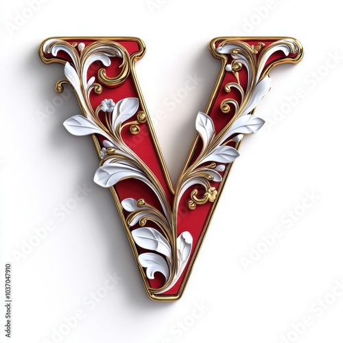 Elegant Red and Gold Letter V with Floral Design