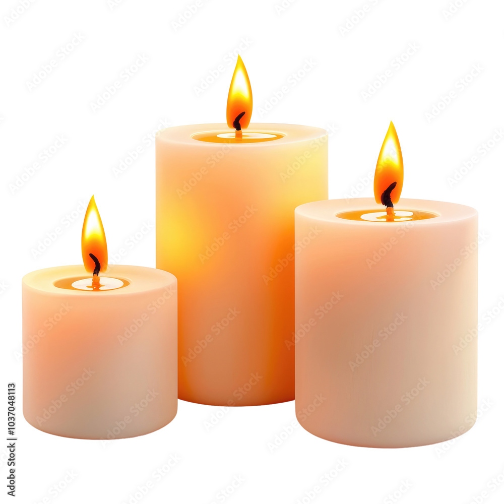Three lit candles in varying heights, warm glow, white isolate background,transparent background Three lit candles in varying heights, warm glow, white isolate background,transparent background