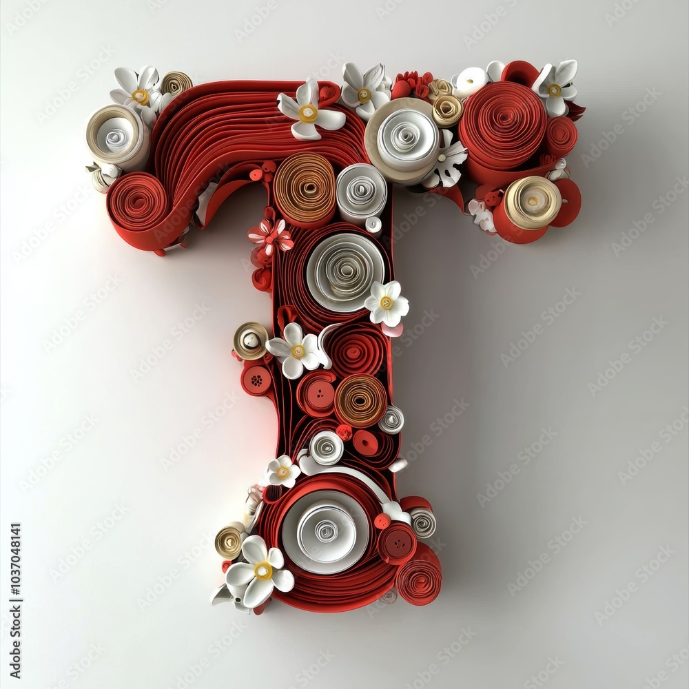 Obraz premium Elegant Red and Gold Letter T with Floral Design