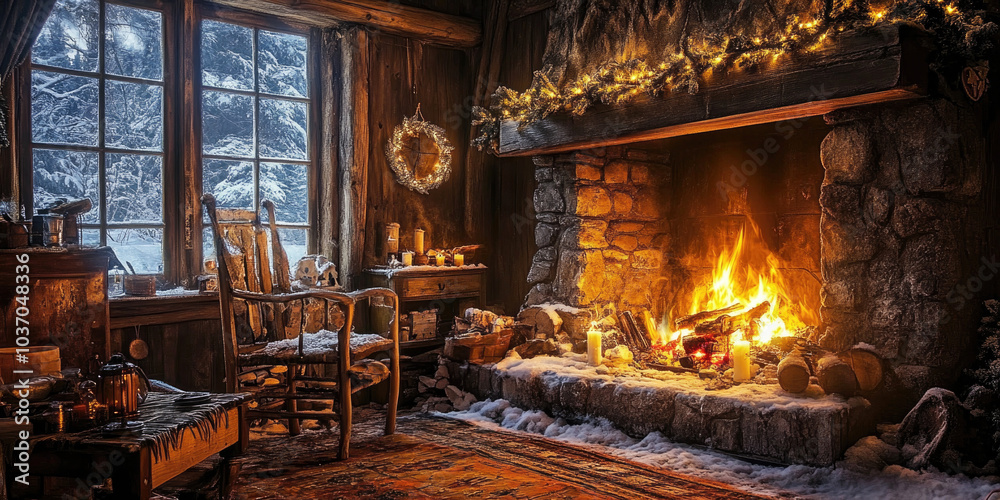 Cozy winter cabin interior with a fireplace, wooden furniture, and festive holiday decorations, creating a warm and inviting atmosphere. The scene is set with snow visible through the large window.. Cozy winter cabin interior with a fireplace, wooden furniture, and festive holiday decorations, creating a warm and inviting atmosphere. The scene is set with snow visible through the large window..