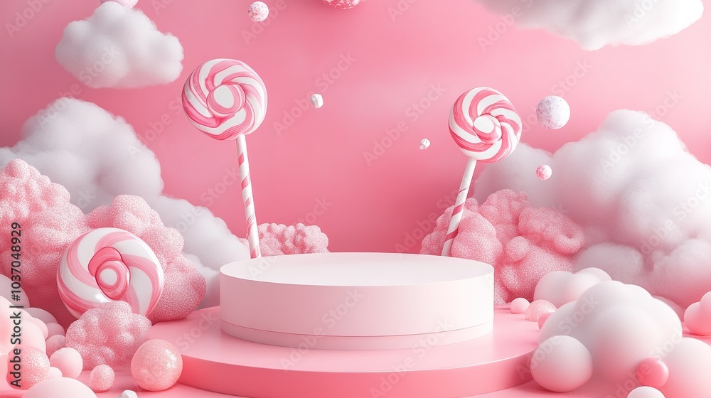 Pink background with a white podium in the center. Fly into a sweet world with pink clouds and candy floating around a white stage in the center. Pink background with a white podium in the center. Fly into a sweet world with pink clouds and candy floating around a white stage in the center.