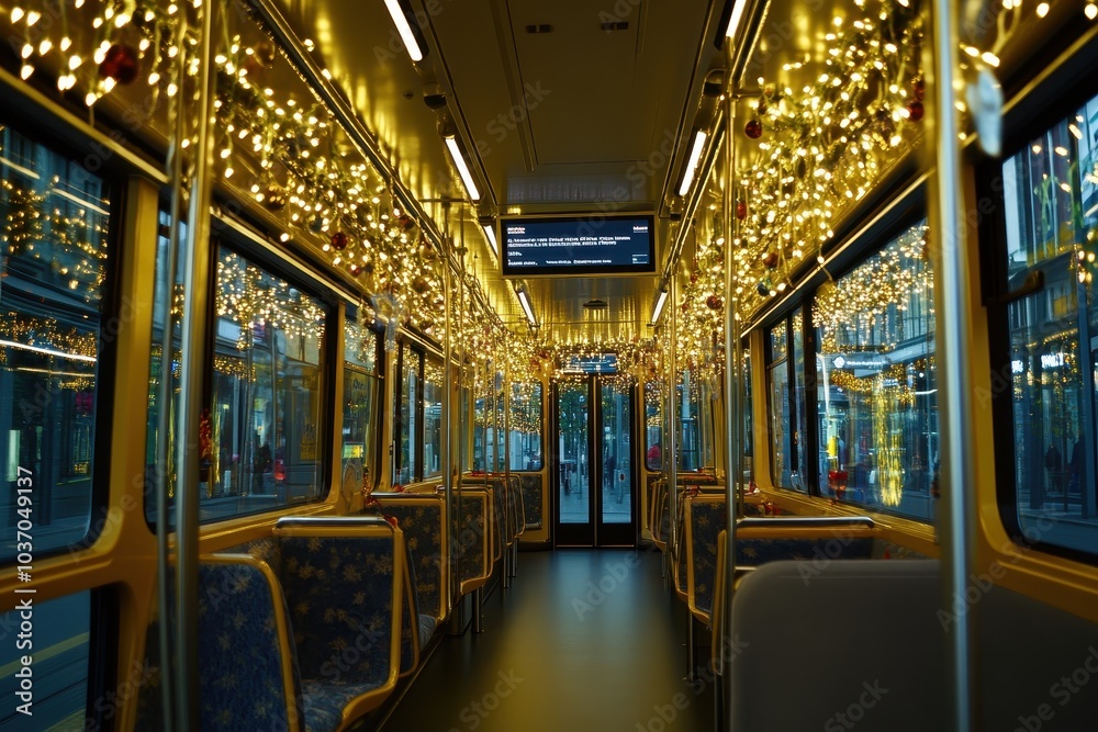 A cozy tram interior adorned with festive lights during the holiday season in the city A cozy tram interior adorned with festive lights during the holiday season in the city