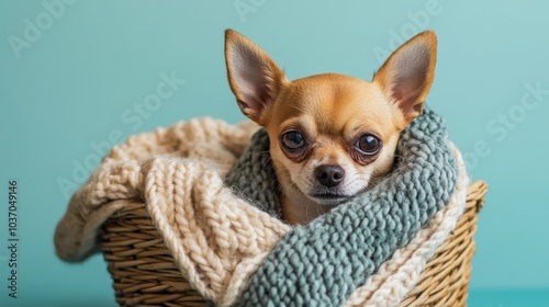 A small chihuahua wrapped in a cozy blanket inside a knitted basket, against a light teal studio backdrop with soft illumination, copy space, cozy dog portrait