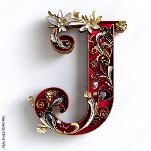 Elegant Red and Gold Letter J with Floral Design