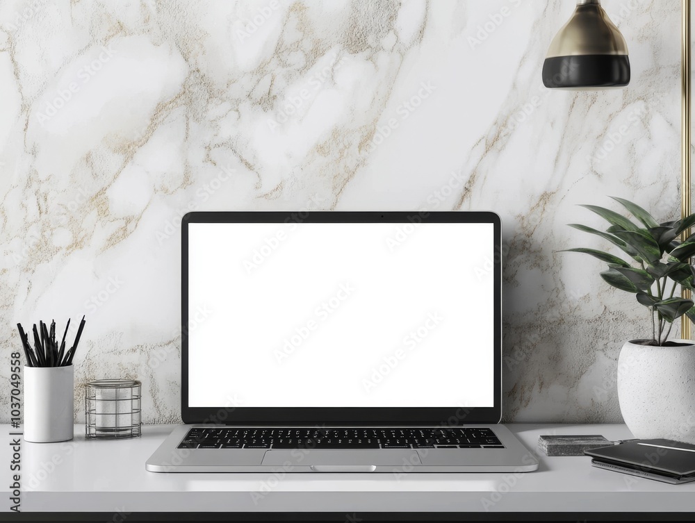 Fototapeta premium clean, white, free laptop monitor, with free space for text, on a desk on a light colored background with a houseplant on the desk, photo. Presentation, advertisement, contacts, template