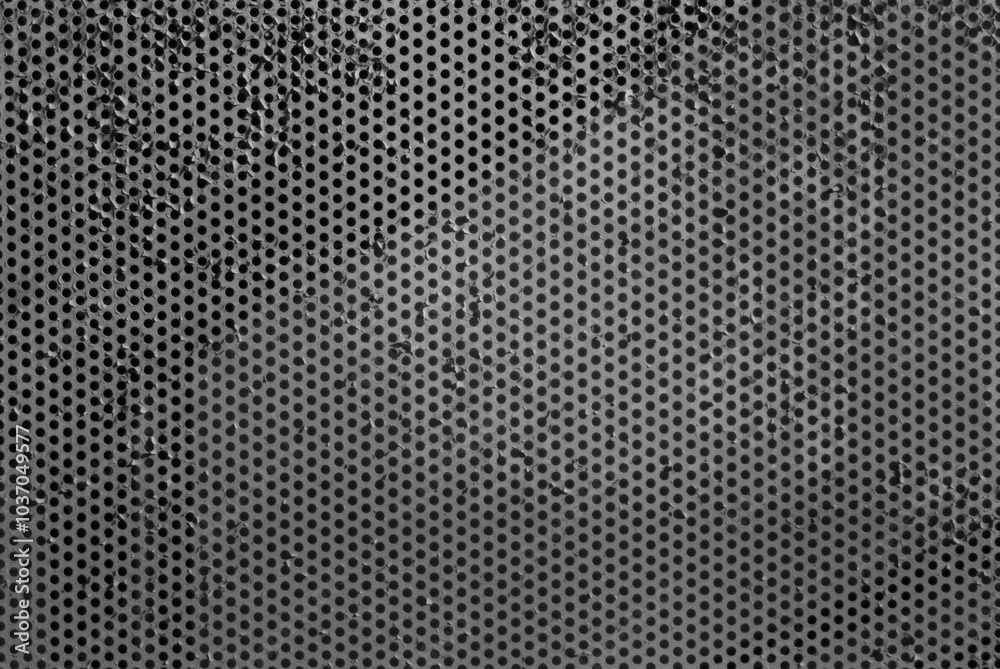 The photo shows an old perforated sheet of grey metal The photo shows an old perforated sheet of grey metal