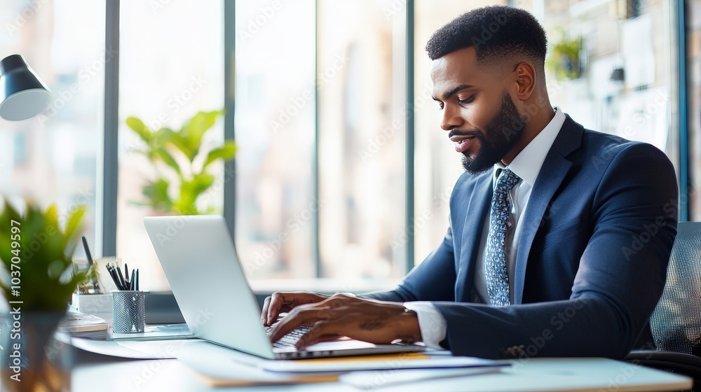 Professional Man in a Suit Engaged in Productive Work at his Laptop in a Bright, Modern Office Environment Professional Man in a Suit Engaged in Productive Work at his Laptop in a Bright, Modern Office Environment