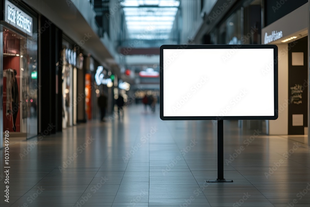 Empty advertising board in a spacious shopping mall during a quiet afternoon Empty advertising board in a spacious shopping mall during a quiet afternoon