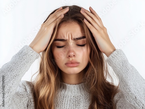 Sad upset young woman isolated on light colored background, photo. Depression, hurt, hurt, sad, sad, sad, upset, upset, sick, woman, isolated, photo, article, design, teens, teen, teenage, help photo