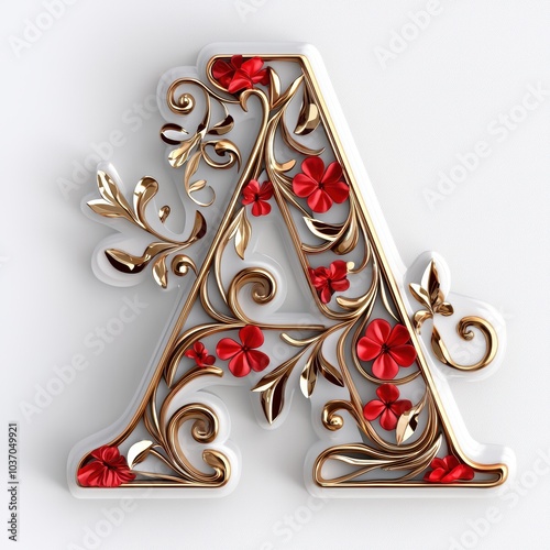 Elegant Red and Gold Letter A with Floral Design