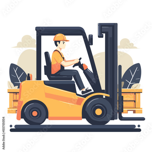  man is driving a forklift. The forklift is yellow and black