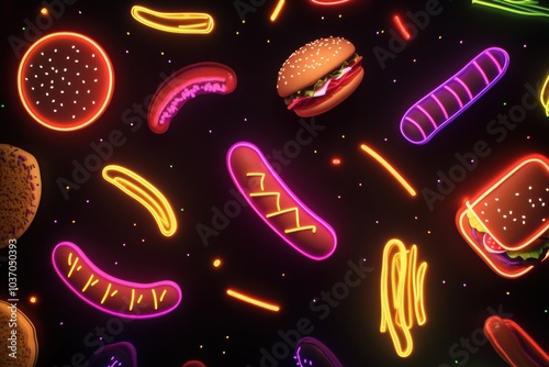 A vibrant display of neon outlines showcasing popular fast-food items like burgers, hot dogs, and fries against a dark background. Generative AI photo